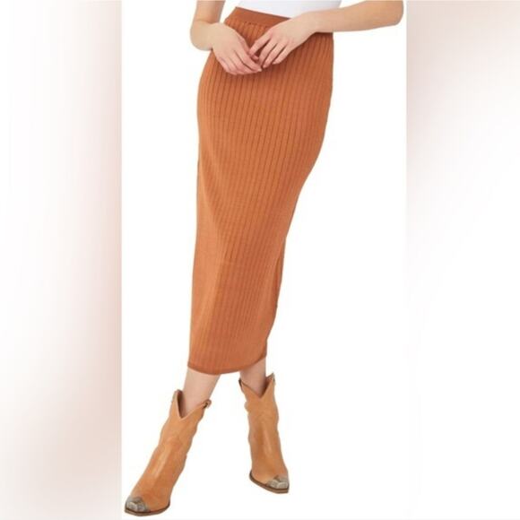 Free People Beach To Night Stretch Ribbed Knit Rustic Orange Midi Skirt - Picture 12 of 12